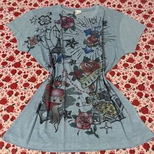 Vintage Style y2k Tattoo Graphic Print T-Shirt Light Blue Roses Stars XL RN 
V2